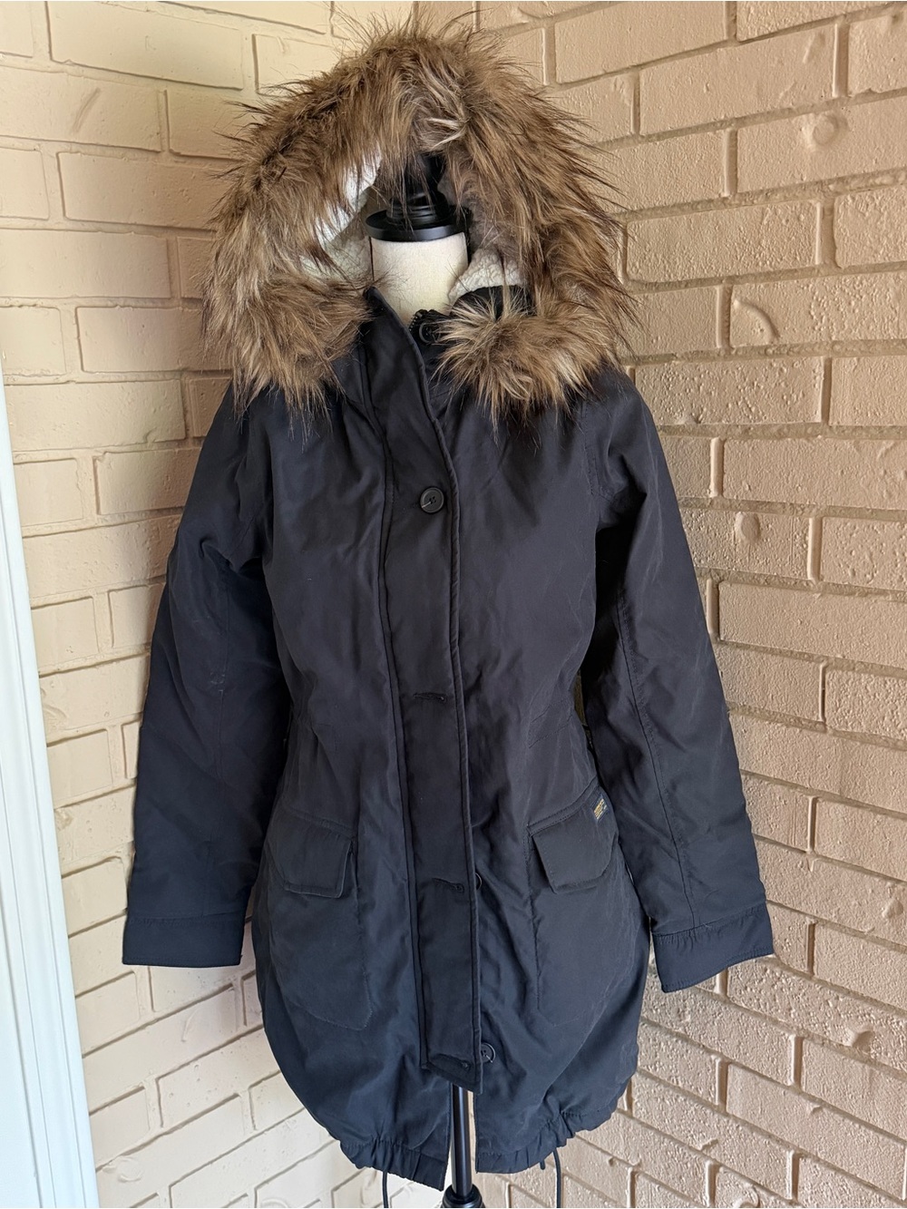 Abercrombie & Fitch Utility Parka Jacket Women S Navy Sherpa Lined Faux Fur Hood